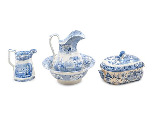 Four English Blue and White Transfer-Printed Ironstone Articles
Height of pitcher 11 1/2 inches; diameter of basin 13 1/2 inches; length of tureen 13 
