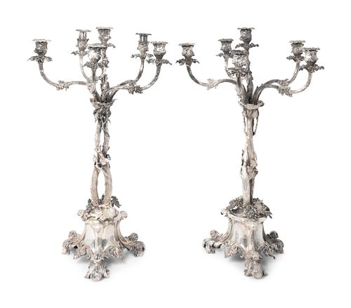 A Pair of Victorian Silverplate Five-Light Candelabra 
Height 26 1/2 x width 18 inches.