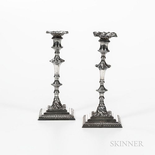 Near Pair of George III Sterling Silver Candlesticks, each London, one 1771-72 by Elizabeth Cooke, ht. 10 1/4, and the other 1764-65 by