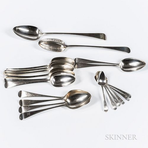 Group of Georgian Sterling Silver Spoons, 18th/19th century, various dates, makers, and monograms, including twelve dinner spoons, six