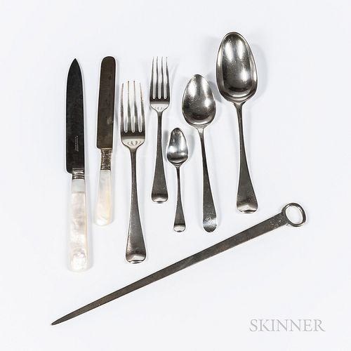 Assembled Georgian "Hanoverian" Pattern Sterling Silver Flatware Service, 18th/early 19th century, various dates, makers, and monograms