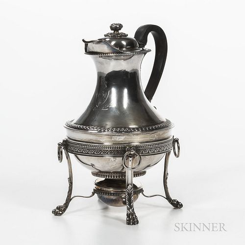 George III Sterling Silver Hot Water Jug, London, 1807-08, Abstinando King, maker, with an engraved coat of arms on a stand with burner