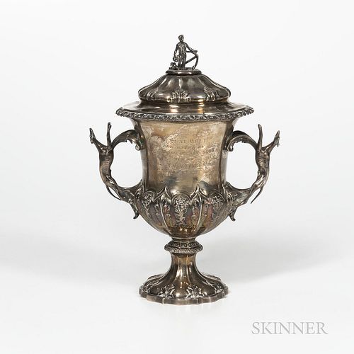 William IV Sterling Silver Trophy Cup and Cover, London, 1836-37, Edward, Edward Jr., John & William Barnard, maker, with a central ins