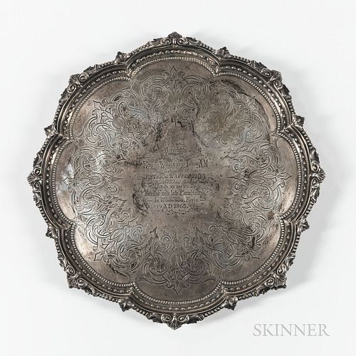 Victorian Sterling Silver Salver, Sheffield, 1864-65, Martin Hall Co., maker, with registry mark, with an engraved presentation inscrip