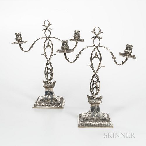 Pair of Edward VII Sterling Silver Two-light Candelabra, London, 1901-02, Charles Stuart Harris, maker, weighted, ht. 16 1/2 in.