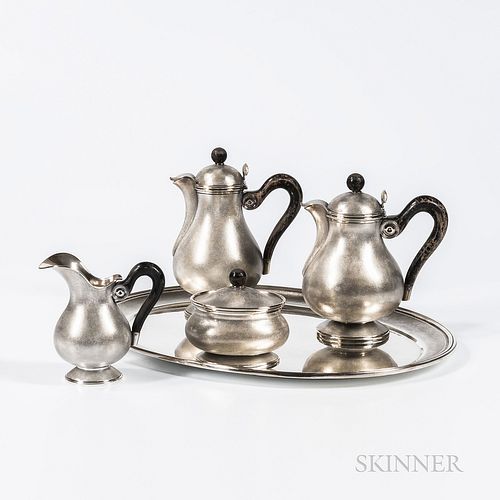 Five-piece Mario Buccellati .800 Silver Tea and Coffee Service, Milan, mid-20th century, each with a stippled ground, comprised of a te