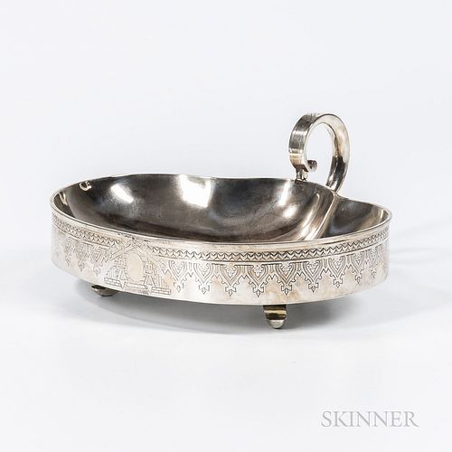 Russian .875 Silver Dish, c. 1880, lacking city mark, maker's mark "PK," with shallow bowl with a raised handle on three scrolled legs