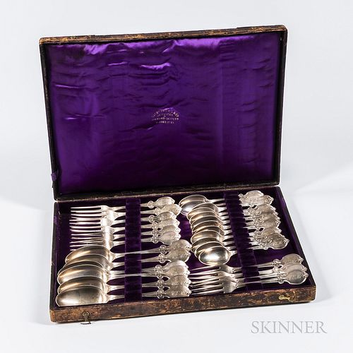 Boxed Set of Albert Coles Coin Silver Flatware, New York, c. 1840, monogrammed, comprised of twelve teaspoons, ten forks, and six dinne