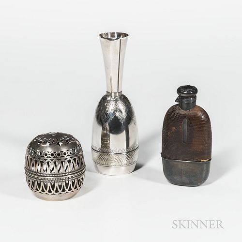 Three Pieces of Gorham Sterling Silver Tableware, Providence, late 19th/early 20th century, a bud vase, ht. 7 1/2, yarn ball dispenser,