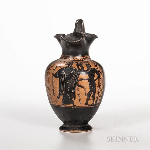 Ancient Greek/South Italian Trefoil Oinochoe, in the Attic manner, c. 490 B.C., black figure painted with Dionysus and Pan, ht. 9 3/4 i