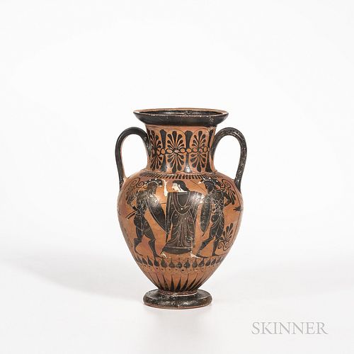 Attic Black-figured Amphora, c. 500-490 B.C., showing a female figure confronted by two soldiers, the other side showing Greeks fightin