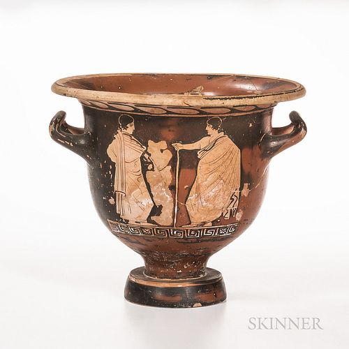 Ancient Lucanian Red-figured Bell Krater, c. 400-380 B.C., showing two men to one side and a Dionysian scene on the other with a satyr