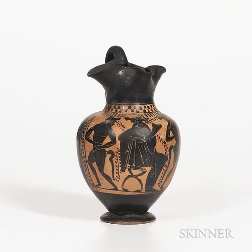 Ancient Attic Trefoil Oinochoe, c. 500 B.C., black-figure painted with Dionysus and two satyrs, marked in Greek to base, ht. 9 1/4 in.