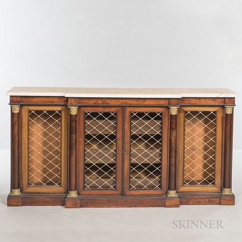 Empire-style Marble-top Mahogany Credenza, early 20th century, the central doors opening to pull-out drawers flanked by bronze-mounted