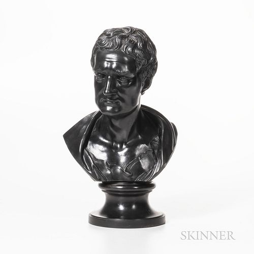 Wedgwood & Bentley Black Basalt Bust of Newton, England, c. 1780, mounted atop a waisted circular socle, impressed title and mark, ht.