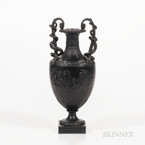 Wedgwood Black Basalt Snake-handled Vase, England, late 18th century, depictions in relief of Venus Drawn by Swans to one side, Cupids