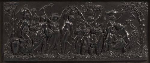 Wedgwood Black Basalt Bacchanalian Procession Plaque, England, 19th century, rectangular shape with high relief classical figures, sigh