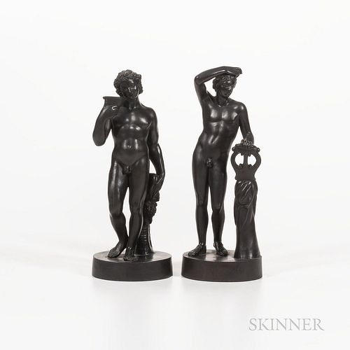 Pair of Wedgwood Black Basalt Figures, England, early 19th century, standing figures depicting Apollo and Dionysus, one with impressed