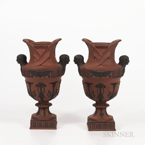 Pair of Wedgwood Rosso Antico Egyptian Vases, England, early 19th century, each with applied black basalt relief, sphinx head handles a