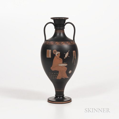 Wedgwood Encaustic Decorated Black Basalt Vase, England, 19th century, bottle shape with loop handles, iron red, black, and white figur
