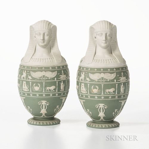 Pair of Wedgwood Green Jasper Dip Canopic Jars and Covers, England, late 19th century, with applied white bands of hieroglyphs and zodi