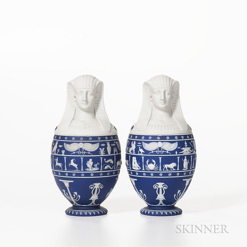 Pair of Wedgwood Dark Blue Jasper Dip Canopic Jars and Covers, England, 19th century, with applied white bands of hieroglyphs and zodia