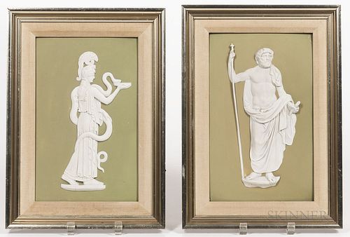 Pair of Wedgwood Green Jasper Dip Plaques, England, 19th century, rectangular shapes with applied white figures in relief, one depictin