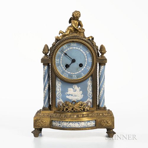 Gilt-bronze-mounted Wedgwood Tricolor Jasper Clock, England, c. 1880, applied white relief with a numeral face above a classical figure