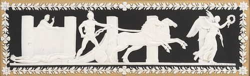 Wedgwood Tricolor Jasper Dip Plaque, England, late 19th/early 20th century, rectangular shape with applied white relief depiction of Ac