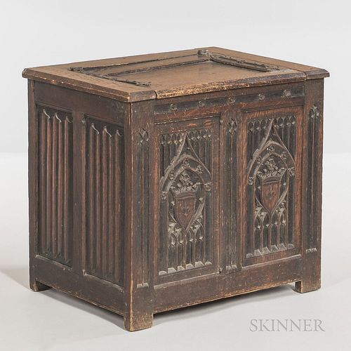 Gothic-style Carved Oak Coffer, late 19th/early 20th century, with a hinged lid, ht. 25 3/4, wd. 28 1/2, dp. 20 1/8 in.