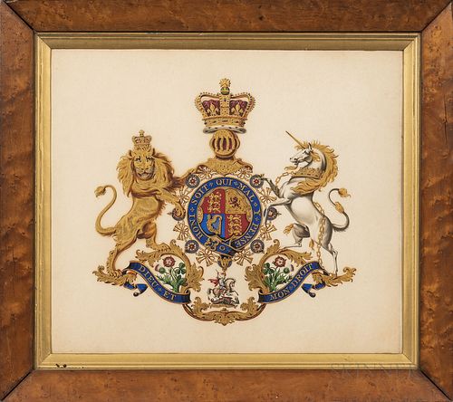 British School, 19th Century, British Royal Coat of Arms, Inscribed "...inted by Ramsay McInnes/December 23, 1846/London" on the revers