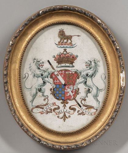 British School, 19th Century, Four Framed Heraldic Coats of Arms, Unsigned, all with Latin mottos in bottom banners, one engraved for t