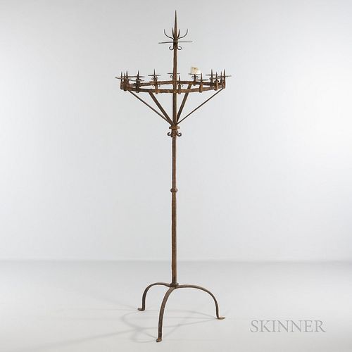 Gothic-style Wrought Iron Floor Candelabra, late 19th/20th century, with fifteen small pricket candle holders and a central large prick