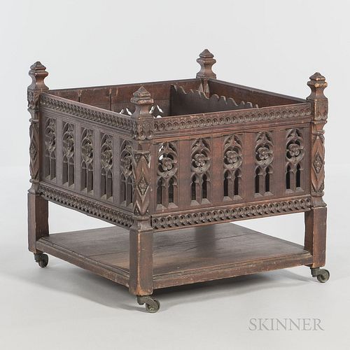 Gothic-style Carved Canterbury, 20th century, ht. 22, wd. 22 1/2, dp. 22 1/2 in.