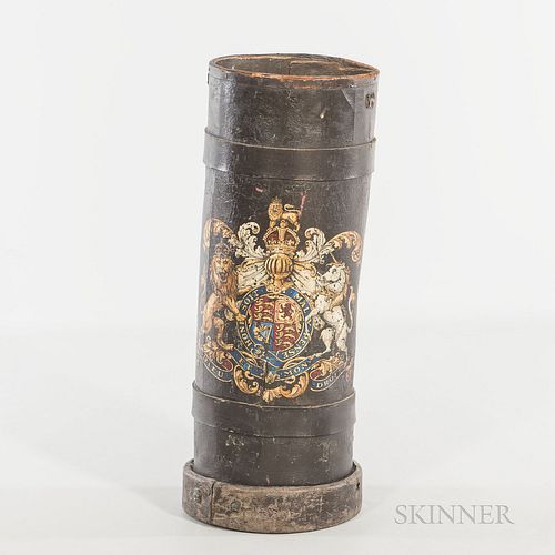 English Leather Umbrella Stand, with the royal coat of arms to exterior, ht. 26 1/4, top opening dia. 9 1/2 in.