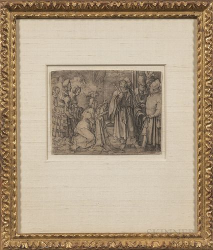 Two Framed Old Master Engravings: Lucas van Leyden (Dutch, 1494-1533), Potiphar's Wife Accusing Joseph, 1512, a late impression trimmed