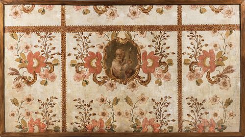 French or Italian School, 18th/19th Century, Canvas Panel with Floral Motifs and Central Cartouche with Biblical Figure Holding a Flowe