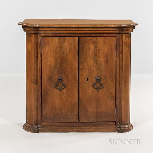 Italian Walnut Table/Hanging Cabinet, with two doors opening to a shelved interior, ht.. 28 1/2, wd. 31 1/2, dp. 10 3/4 in.