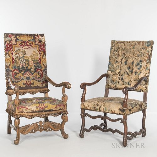 Two Upholstered Walnut Armchairs, one with a figural needlework upholstery, ht. 52, wd. 29, dp. 26 1/2, and the other with verdure tape