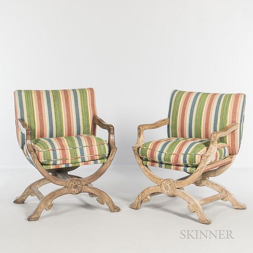 Pair of Italian Armchairs, late 19th/early 20th century, with an X-form frame, ht. 35, wd. 26 1/2, dp. 21 in.