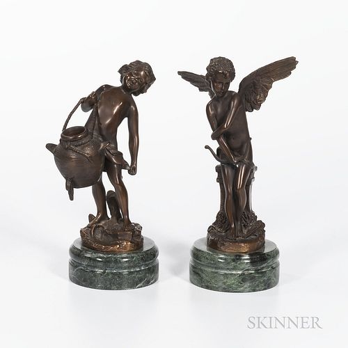 Two Bronze Figures After Moreau, France, 19th/20th century, one of a winged figure holding a bow, ht. 10 3/4; and one holding a leaking