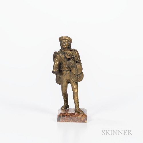 Bronze Figure of a Traveler, late 19th century, modeled standing and with one arm outstretched, set on a square marble base, ht. 8 3/4