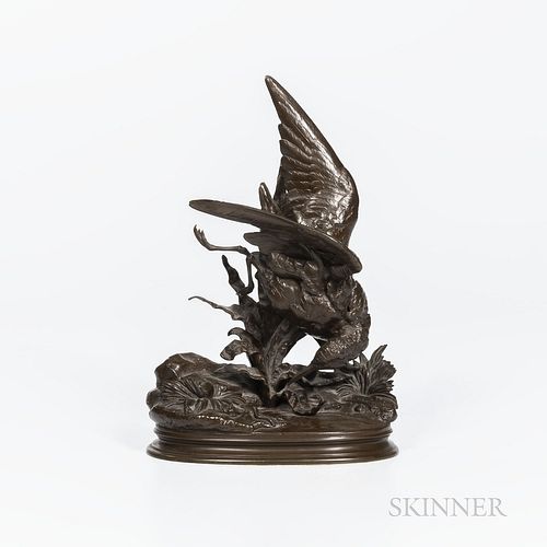 After Jules Moigniez (French, 1835-1894)  Bronze Model of a Bird, chocolate brown patination, inscribed signature, ht. 10 1/8 in.