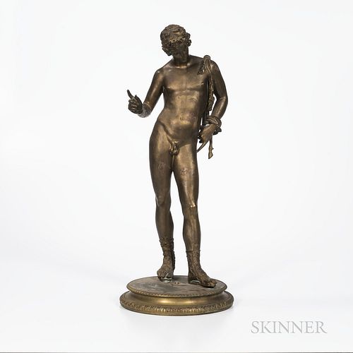 Grand Tour Bronze Figure of a Classical Male Nude, 19th century, the standing figure atop a circular base with stiff leaf borders, ht.