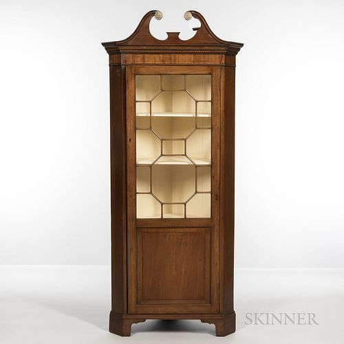 Georgian-style Mahogany Corner Cabinet, with a glass-enclosed upper cabinet, ht. 82, wd. 35 1/2, dp. 21 in.