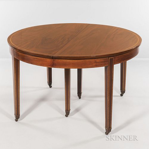 Mahogany Dining Table, early 20th century, with string inlay to edge and along legs, ht. 30 1/2, lg. 54, dp. 52 1/2, with four leaves w