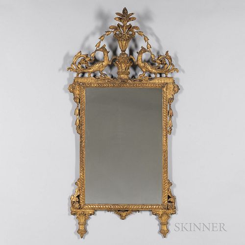 Giltwood Mirror, 19th century, the crest with a central floral bouquet flanked by birds with swags, ht. 60 1/2, wd. 26 1/2 in.