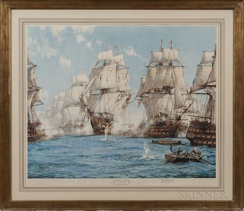 After Montague J. Dawson (British, 1890-1973), The Battle of Trafalgar, Signed in the matrix, signed "Montague Dawson" in pencil beneat