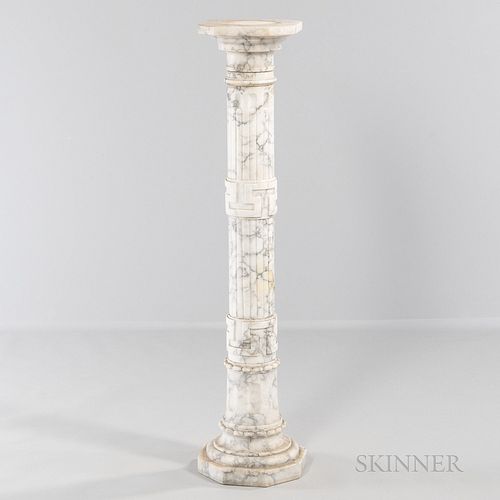 Alabaster Pedestal, slender fluted pedestal with allover gray veining, ht. 46, top wd. 9 1/2 in.
