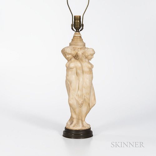 Carved Alabaster Lamp Base, 19th century, modeled as three partially draped nudes among bunches of grapes, approx. ht. 16 in. (not incl